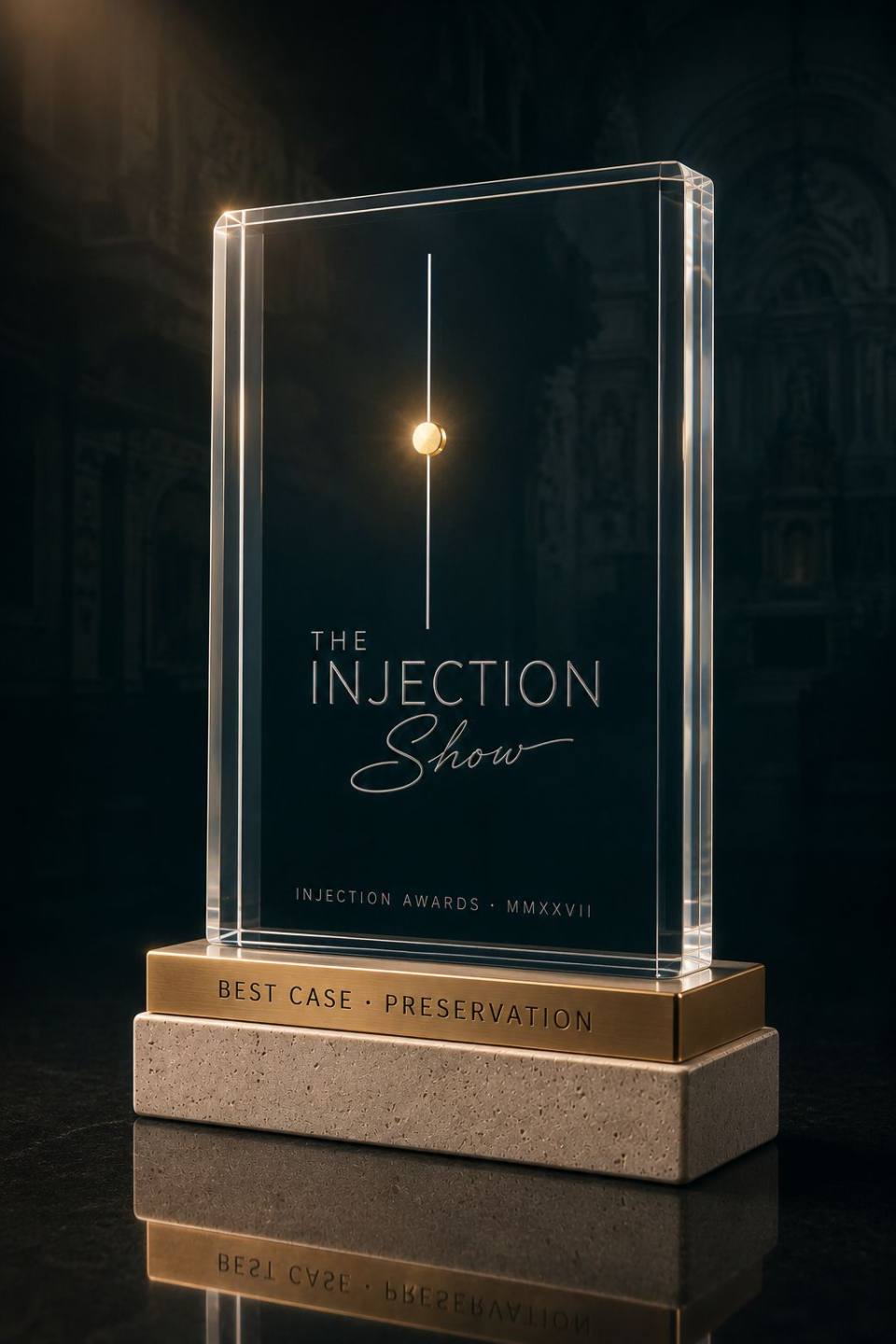 Injection Awards 2027 trophy in plexiglass, brass and stone